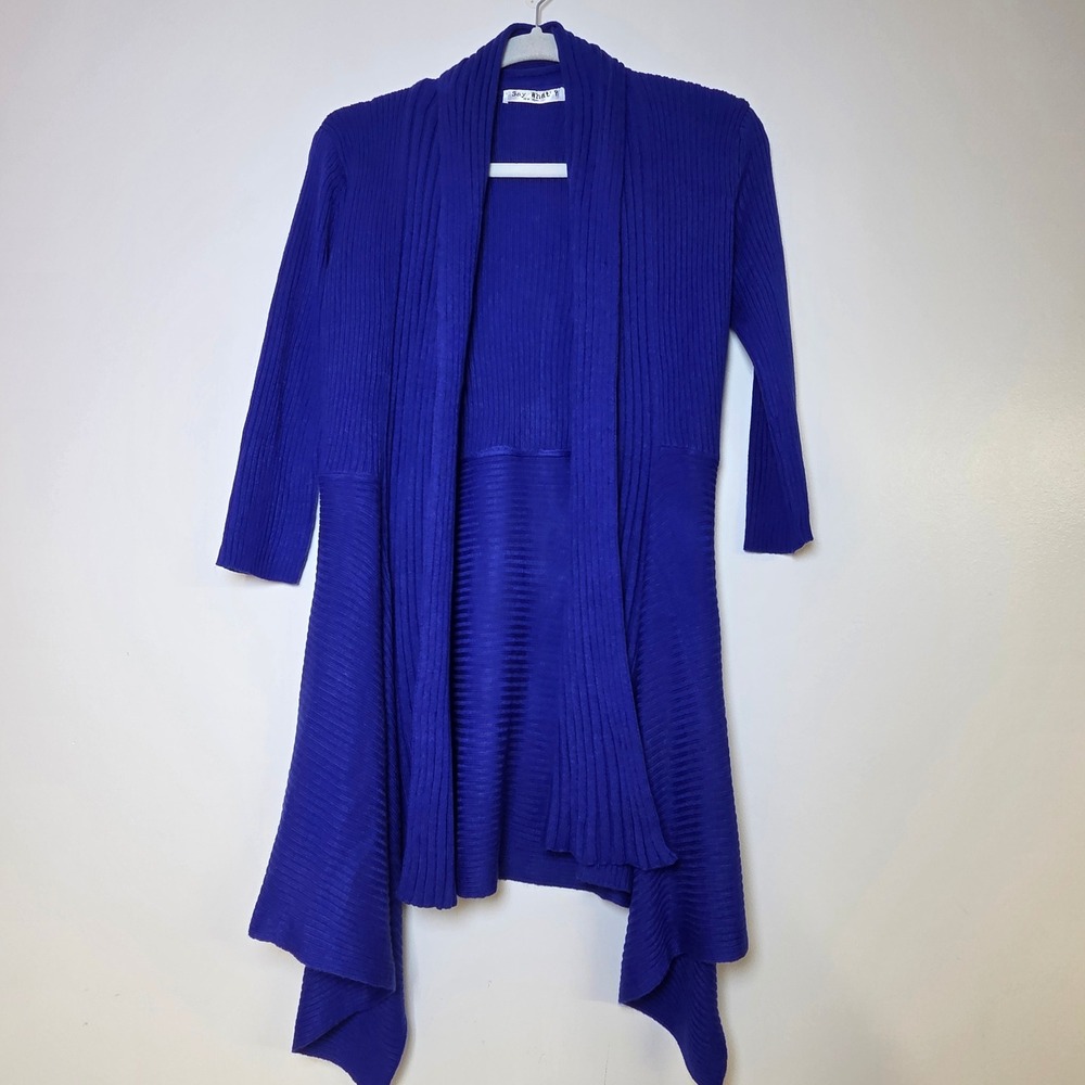 Say What New York Womens S/M Cobalt Blue Ribbed Open Front Long Cardigan Sweater